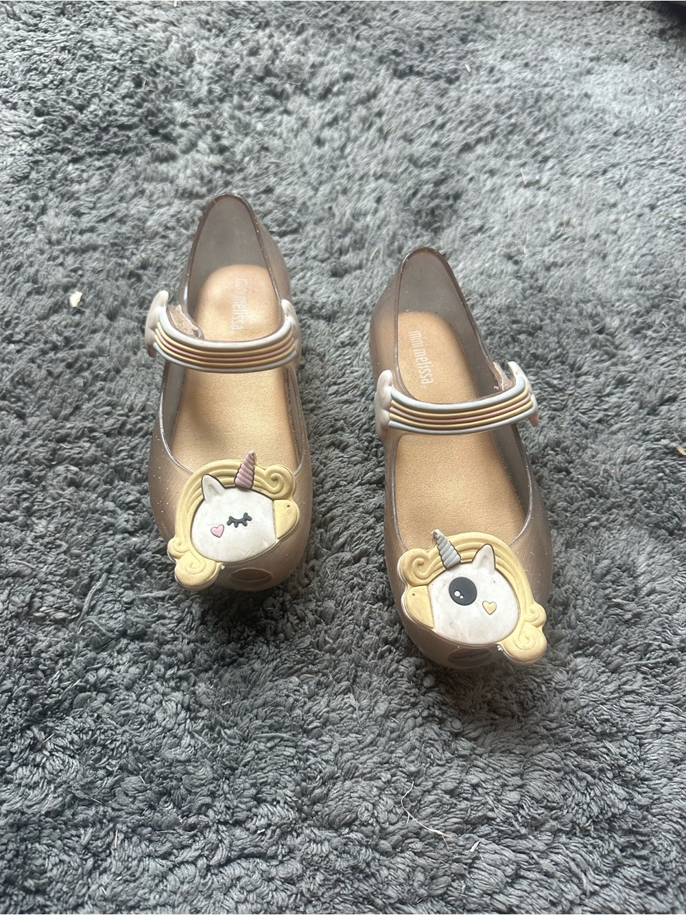 Mini Melissa Girls' Mary Jane Shoes in Sparkly Taupe with Unicorn Appliqués